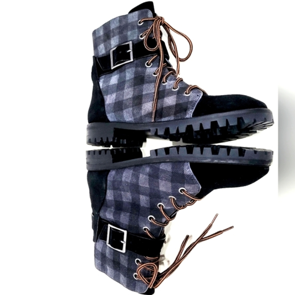 Anthropologie/Splendid Suede Black & Grey Plaid Combat Boot/Ankle Boot - NWOB